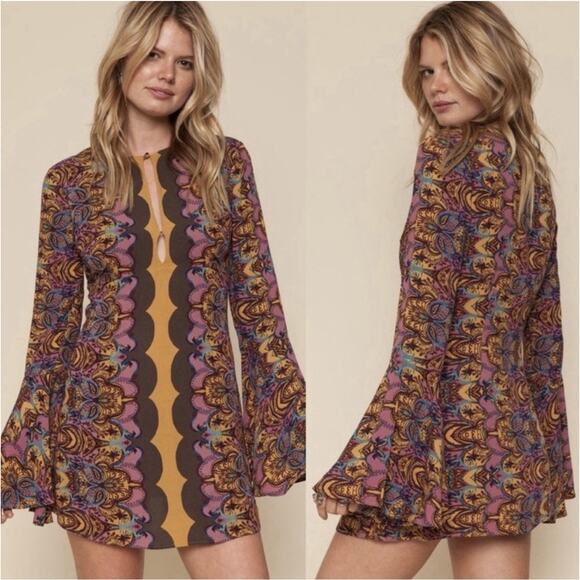 Free People Dresses & Skirts - Free People Ossie Vibes Bell Sleeve Dress Tunic Gold Purple Boho Retro Size 10